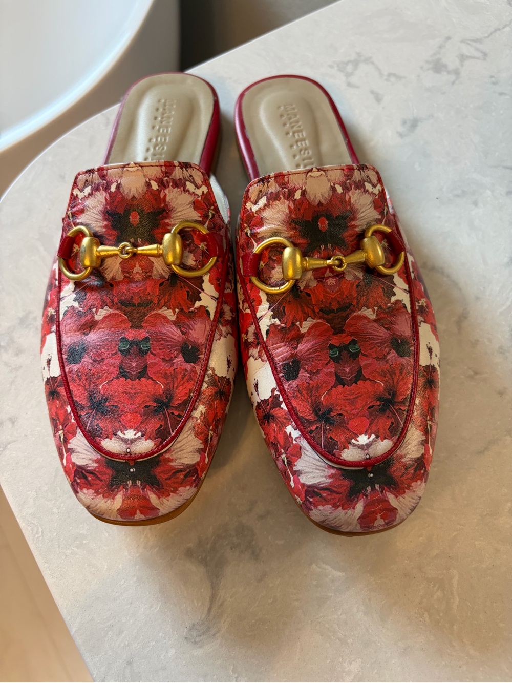 Floral Red Leather Slip-On Mule with Gold Horsebit